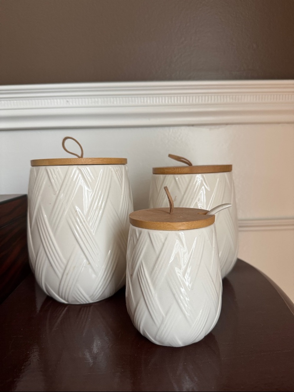 Like new! White Ceramic Canister Set with Wood Lids - Home Accents Decor